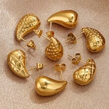 1对18K镀金304不锈钢水滴形耳钉，锤纹几何水滴梨形耳环，女士款，低过敏性，抗褪色 - 耳環 - 查看 5