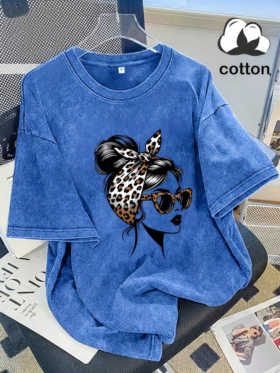 Women's Summer Washed Loose Fit Casual Short Sleeve T-Shirt With Leopard Print Headband + Fashion Glasses Graphic Print, For Daily Outings/Home/Gifting - 寶藍色 - 查看 1