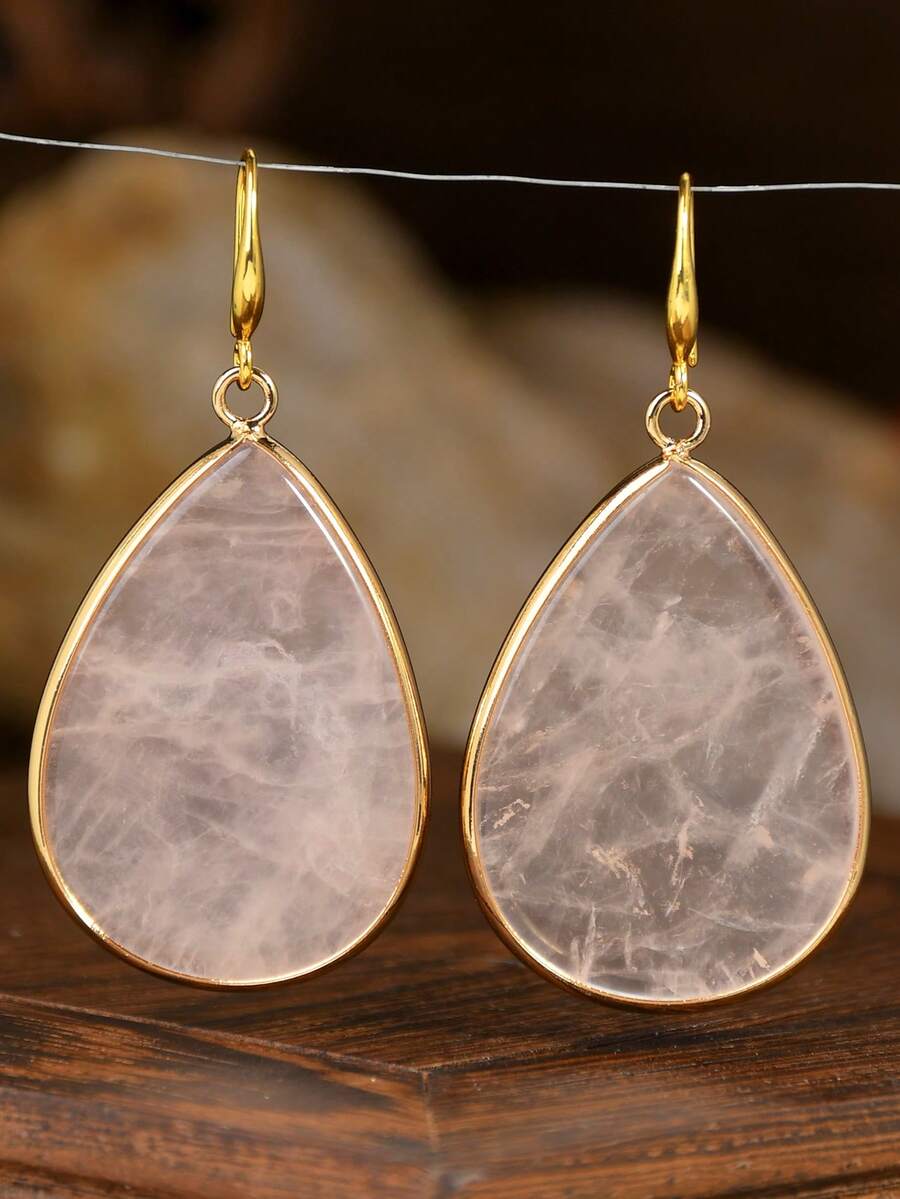 Natural Rose Quartz Pendant Earrings, Sweet & Cute Style Earrings For Women, Suitable For Summer Parties, Celebrations And Holidays, Valentine's Day Gift, Healing Crystal