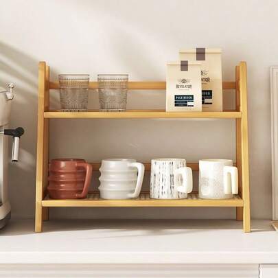 Estantería de bambú de 2 niveles, estantería de exhibición de madera natural, organizador de almacenamiento multiusos para cocina, baño, sala de estar, de fácil montaje