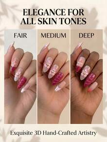 NAILS BASE 10片/組 粉色杏仁形長款法式漸層漸變美甲凝膠假指甲，附玫瑰紅花朵，杏仁形甲片，適合辦公場合的中性華麗風，日式手工 P - 彩色 - 查看 7