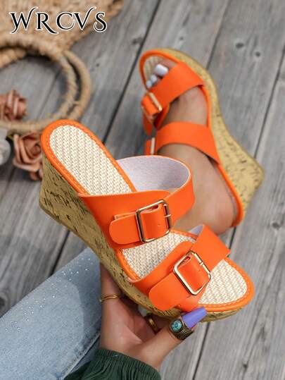 Orange Wedge Heel Sandals, Women's Summer Thick Bottom Slip-On Hollow Out Woven Sandals, Lightweight Fashionable Holiday Roman Sandals, Platform Bohemian Thick Sole Shoes