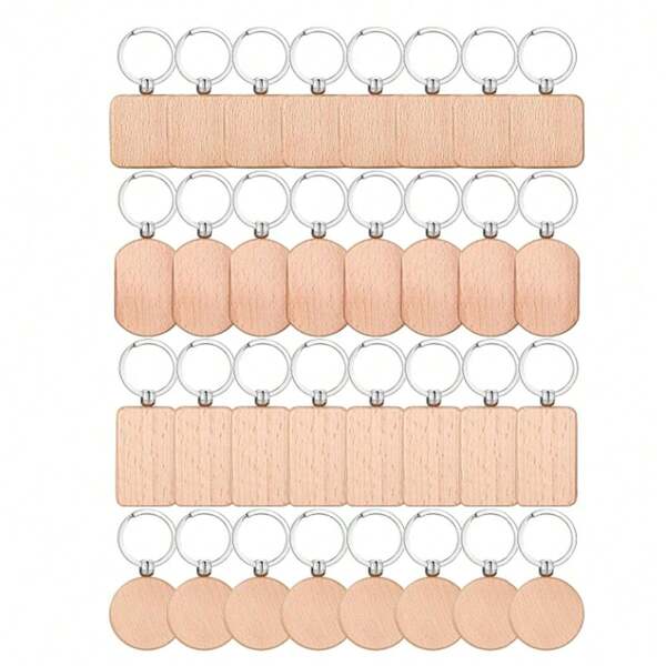 Wooden Keychain Blanks, 32Pcs Wood Engraving Blanks Key Chain Bulk Unfinished Wooden Keychain Key Ring Key Tag DIY Craft
