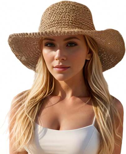 Floppy Big Beach Straw Hats For Women Foldable Summer Wide Brim Packable Sun Hat Womens Travel Straw Fedora Hat