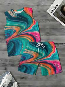 Summer Outfits For Men Abstract Art 2026 Summer New Styles Men's Plus Size Wide Shoulder Vest & Beach Shorts Set Two Piece Set Colorful Swirl Pattern For Beach And Pool Activities Perfect Gift For Him - 白色 - 查看 5