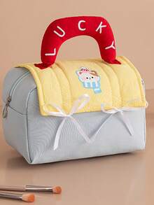 (2 Styles) Cute Wooden House Shaped Portable Cosmetic Bag, Thick Large Capacity Soft Handheld Toiletry Pouch - View 10