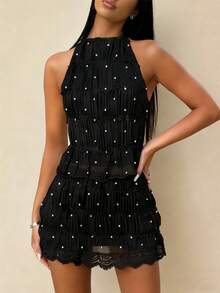 Women Y2k Mini Skirt Sets Backless Tie Up Crop Halter Top And Smocked Lace Mini Skirt 2 Piece Beach Outfit - Lunares blancos y negros - Ver 3
