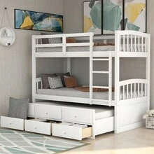 Twin Bunk Bed With Ladder Safety Rail Twin Trundle Bed With 3 Drawers For Teens Bedroom Guest Room Furniture White (OLD SKU :LT000071AAK) - 白色 + 實木1 - 查看 11