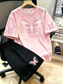 2pcs/Set Top ample à manches courtes et short élastique pour femmes grandes tailles, imprimé papillon, tenue de printemps/été à la mode et amusante, rose élégant - Rose bonbon - Voir 1