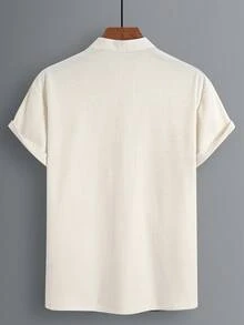 Men's Solid Color Corn Kernel Collar Half-Open V-Neck Two-Button Top, Skin-Friendly Breathable Material, Fake Placket Pocket Contrast Color Drawstring Design Shorts, Suitable For Casual, Fashion, Simple Outgoing Commuting Street Shirt Set - Multicolor - View 4