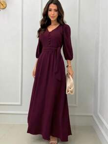 Women's Long Dress With 3/4 Sleeves, Button Closure, And Tie. Autumn/Winter. - 酒紅色 - 查看 2