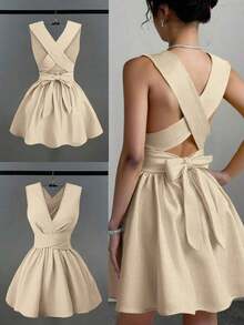 Vestido mini elegante y sexy para invitada de boda con cuello en V cruzado, sin mangas y silueta evasé, diseño versátil para conciertos, playa, fiestas, primavera/verano, con bolsillos, vestido de noche con espalda descubierta, color amarillo mantequilla - Albaricoque - Ver 5