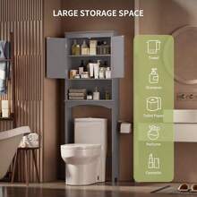 66" Above Toilet Storage Cabinet, Toilet Storage Rack, Bathroom Cabinet With Adjustable Shelves And Open Cabinet, Toilet Furniture, Freestanding Shelves For Bathroom Above Toilet, Space Saving Large Above Toilet Cabinet - Xám - Xem 10