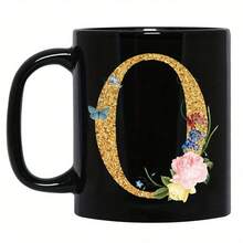 1pc Gold Letter & Floral Print Ceramic Coffee Mug, Beautiful & Practical Gift For Women, Girls, Office, Home Use - Black - View 23