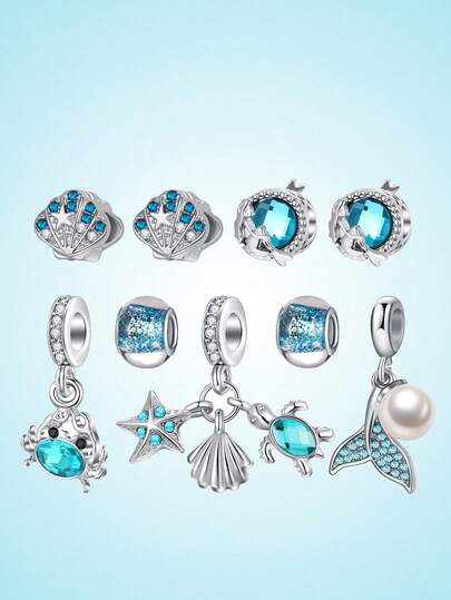一套海洋主题DIY串珠套装，采用亮银色金属和绿松石色锆石，适合制作手链，清新活泼，完美再现夏日海边的氛围。
