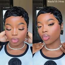 1B Color Short Wig With Bangs, Layered Pixie Cut Wig, Real Human Hair, Wig For Valentine's Day Gift, Fully Hand-Tied Black Short Hair Wig - Natural Black - View 11