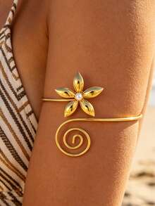 18K Gold/Silver Plated Floral Swirl Open Cuff Bracelet (With Pearl Accents), Bohemian Style Resort Stainless Steel Waterproof Ocean Theme Arm Cuff (2 Colors Available) For Women - Gold - View 1