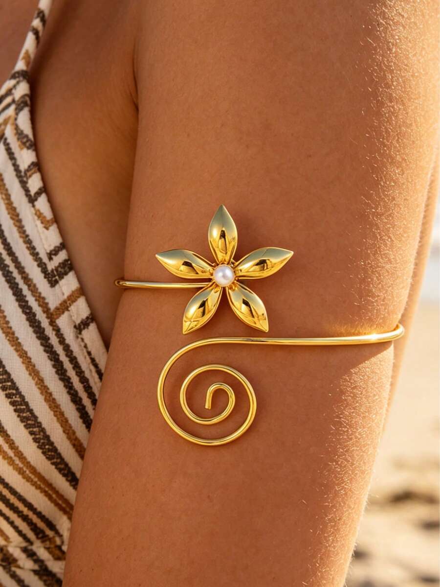 18K Gold/Silver Plated Floral Swirl Open Cuff Bracelet (With Pearl Accents), Bohemian Style Resort Stainless Steel Waterproof Ocean Theme Arm Cuff (2 Colors Available) For Women - Gold - View 1