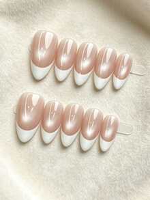 10 piezas de pegatinas de uñas blancas mate hechas a mano, con líneas suaves, transición natural con base nude, crean un aspecto suave y transparente, bordes redondeados, alargan visualmente los dedos, adecuadas para todo tipo de manos, forma de manicura francesa - Rosa Pálido - Ver 2