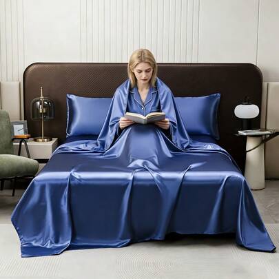 Bộ ga trải giường satin 3 món, cỡ Queen (1 ga trải giường + 2 vỏ gối), bộ đồ giường 3 món mềm mại như lụa với dây thun ở các góc và phù hợp với nệm dày 12 inch (cỡ Queen, màu đen, xanh navy, tím, đỏ, xanh lá cây, v.v.)