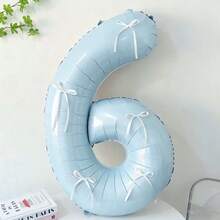 7pcs Blue Number Balloon Set, Bow Tie DIY Decor, Blue Number (0-9) Foil Balloons, Includes Glue, Suitable For Birthday Party, Room Decor, Anniversary, Photo Props, Princess Party Decoration - Baby Blue + Bow - View 7