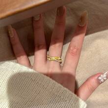 Women's Versatile Zirconia Inlaid 18K Gold Plated Triple-Layer Criss-Cross Open Ring - Gold - View 5