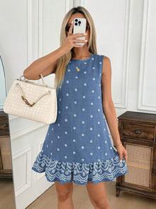 Vestido de línea A sin mangas con estampado floral y volante en el bajo, vestido informal y elegante para oficina/vacaciones, vestido mini para mujer en primavera/verano - Multicolor - Ver 1