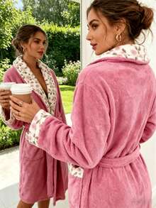 法式柔粉色碎花翻领睡袍，厚法兰绒保暖浴袍，女士长款系带睡袍，冬季穿着 - 彩色 - 查看 2