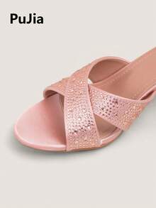 Giày sandal cao gót đính đá lấp lánh dành cho nữ, kiểu hở mũi, quai chéo, gót trung bình, chất liệu satin, thích hợp cho cô dâu, dự tiệc cưới, màu hồng mùa hè. - Hồng - Xem 8