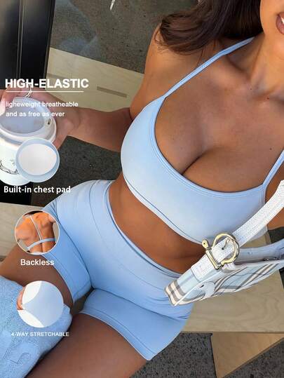 GAOVOT 女士夏季蓝色运动两件套，简约性感，露背吊带上衣搭配高腰提臀短裤，适合瑜伽、普拉提、骑行、健身房、日常户外活动、跑步和舞蹈。