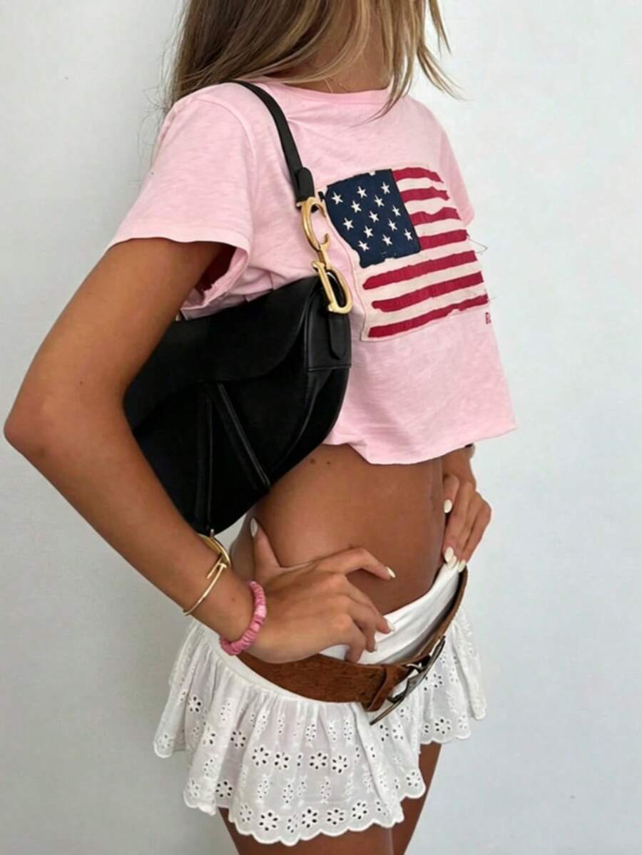 Women's American Flag Print Cropped Top - Short-Sleeve Round-Neck T-Shirt With White Ruffle Hem And Star Embellishments - Suitable For Summer Casua - 粉色 - 查看 1