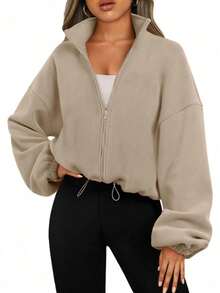 Chaqueta deportiva corta para mujer con cuello de forro polar, cremallera y cordón ajustable, de color liso, adecuada para deportes al aire libre y fitness, y para uso diario informal en otoño e invierno. - Caqui - Ver 1
