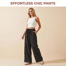 Black Textured Wide Leg Casual Pants, Drawstring Waist, Loose Fit, Suitable For Work And Shopping Spring - Black - View 2