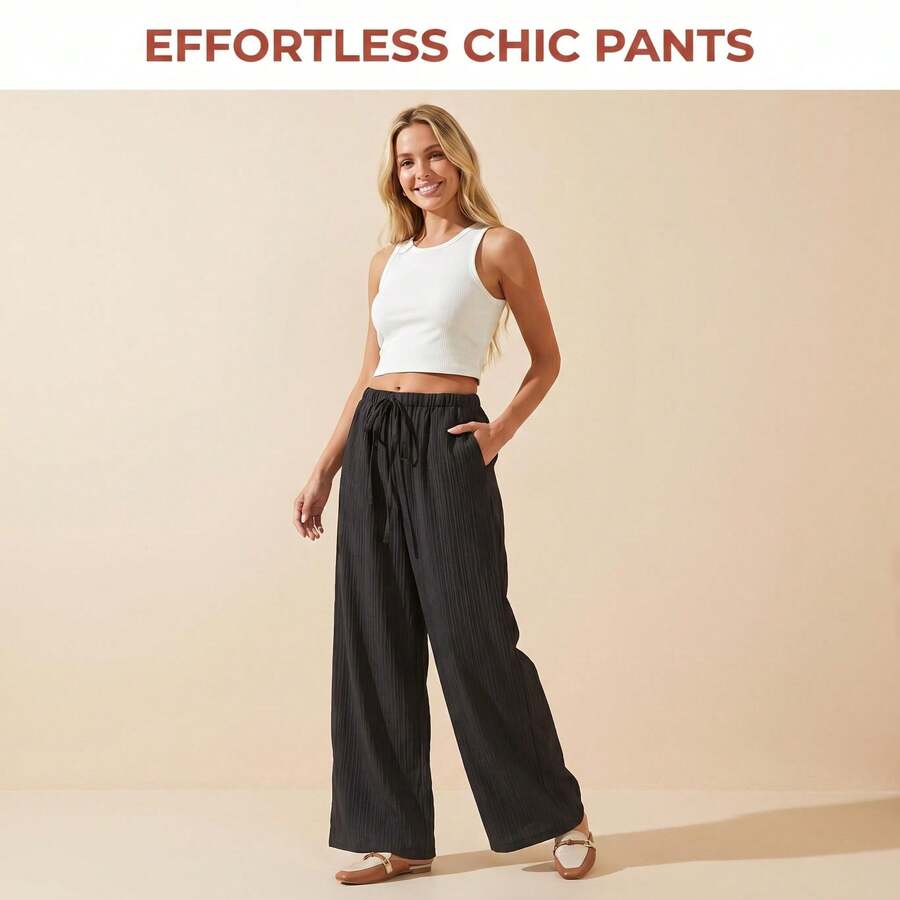 Black Textured Wide Leg Casual Pants, Drawstring Waist, Loose Fit, Suitable For Work And Shopping Spring
