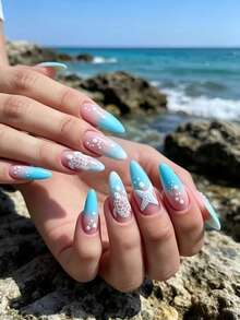 24 móng giả họa tiết rùa biển và sao biển 3D chuyển màu xanh dương, hình hạnh nhân, có thể tháo rời. - Màu xanh nhạt - Xem 4