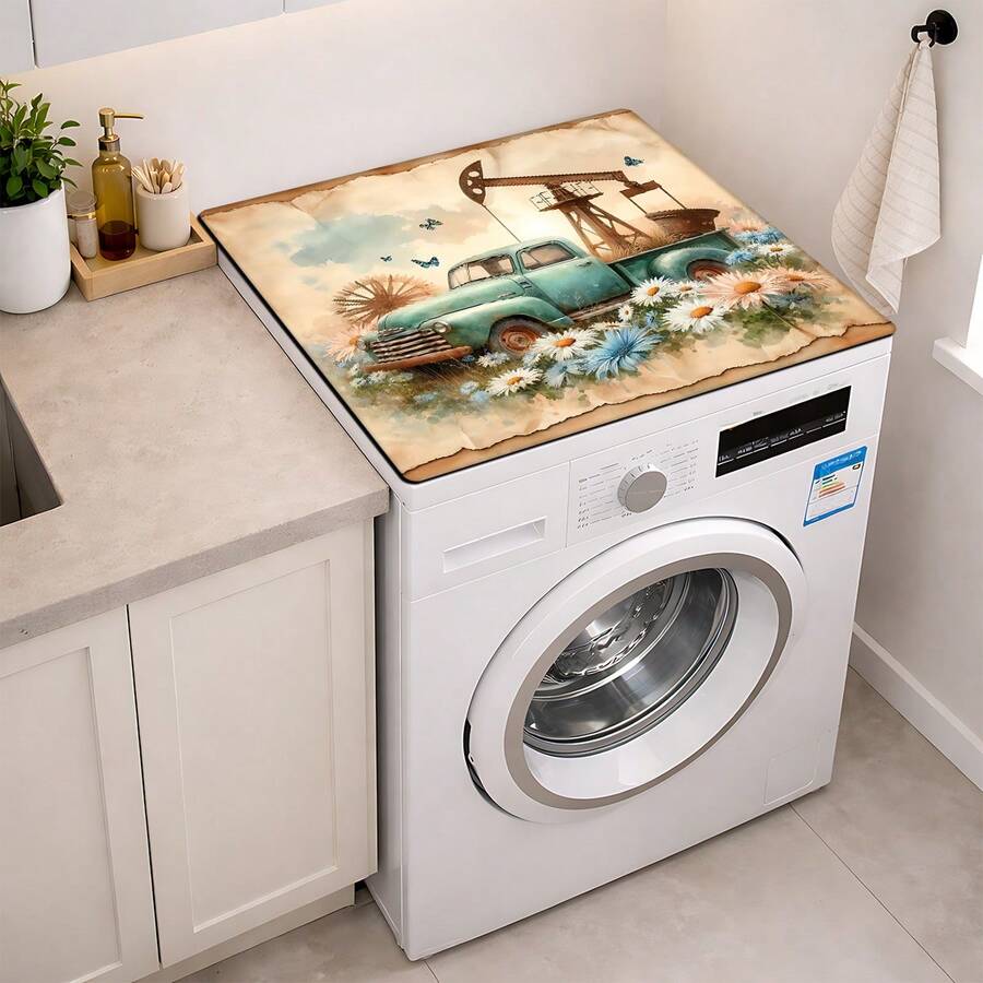 1pc Vintage Truck Pattern Printed Washing Machine Dust Cover Mat, Rubber Soft Bottom, Laundry Room Accessory, Washing Machine Top Protective Pad, Quick Absorbent And Dry, Refrigerator Dust Cover, Coffee Maker Countertop Absorbent Mat, Diatomite Draining Mat, Modern Laundry Room And Kitchen Appliance Washing Machine And Dryer Dust Cover, Home Decor, Kitchen And Dining Room Decor - Multicolor - View 1