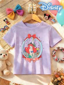 [Disney Authorized] Front: Ariel With Castle And Bow Elements Back: Ariel And Prince Eric With Flounder And Sebastian Elements And Text "PART OF YOUR WORLD" Double-Sided Print Pattern Girls' T-Shirt - Children's Clothing Design Short-Sleeve Casual Cute Style Comfortable And Relaxed Suitable For Boys And Girls, Perfect For Parties And Play Machine Washable Gift Children's Clothing Girls' Short-Sleeve Shirt - 紫丁香色 - 查看 4