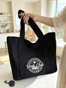 Bolsa e nécessaire combinando, estampa de livros, com a inscrição "Clube do Livro", sacola de compras simples, nécessaire portátil, mochila, bolsa para o dia a dia, bolsa para guardar coisas, grande capacidade, portátil, ideal para adolescentes, mulheres, universitárias e profissionais, perfeita para volta às aulas, trabalho, ensino fundamental, ensino médio, universidade, feriados, presente para o Dia dos Professores, essencial para retornar aos dormitórios universitários. - Multicolorido - Ver 7