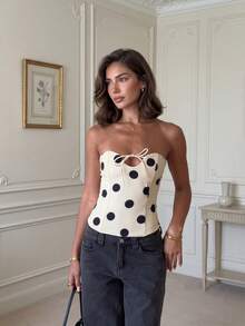 休闲性感优雅年轻时尚迷人波点编织面料抹胸甜美度假日常单身派对旅行夏季上衣、春季上衣、派对上衣、外出上衣 - 杏色 - 查看 3