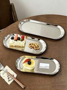 1pc Minimalist Stainless Steel Oval Tray, Multi-Purpose Metal Serving Plate For Desserts, Snacks, Jewelry & Cosmetics, Kitchen Organizer Tray - Multicolor - View 3