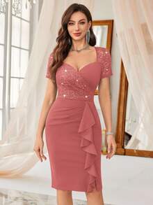 Đầm dự tiệc cocktail ôm dáng, phối sequin tương phản, ren hoa, cổ tim, viền bèo nhún. - Bụi hồng - Xem 3