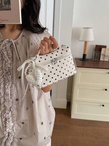 波点迷你午餐盒包，女士新款春夏时尚斜挎单肩包，百搭 - 白色 - 查看 5