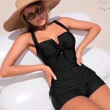 Swim Lushoire 2pcs/Set Black Sleeveless Bow Tie Top And Sports Shorts Spaghetti Strap Bikini Set, Summer Navy Blue Swimsuit - Burdeos - Ver 5