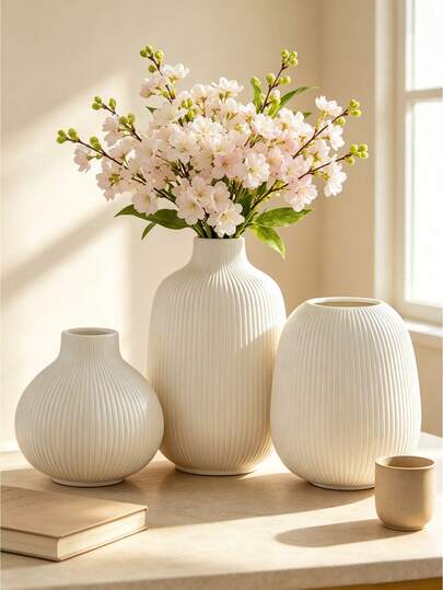 Nordic Style White Striped Resin Vase - Open Top Elliptical Flower Vase Suitable For Dried Flowers & Artificial Flower Arrangements, Modern Scandinavian Decor Centerpiece, Contemporary Resin Vase,Vases For Flowers,Vase,Flower Vase,Home Decor,Bedroom Decoration,Room Decoration,Room Decor,Wedding Table Centrepiece,Wedding,Wedding Decorations,Table Decor,Living Room.