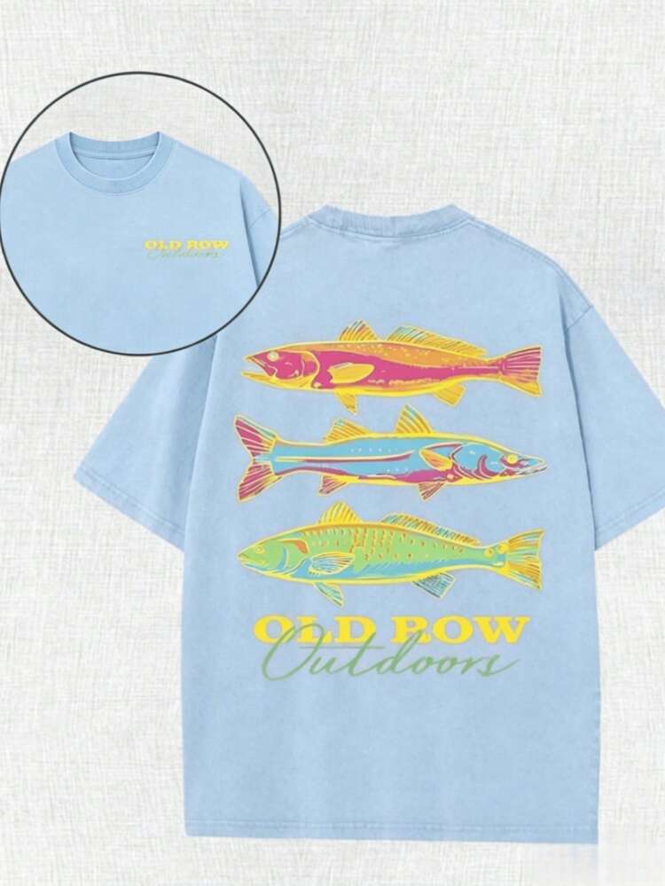Casual Summer Washed Cotton T-Shirt [Old Row Outdoor] Fish Print, Round Neck, Short Sleeves, Lightweight Cotton Knitted Fabric, Casual Summer Round Neck Shirt| Rib Details. - 天藍色 - 查看 7