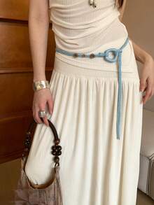 1 chiếc dây thắt eo bằng polyester màu xanh nhạt kiểu Bohemian đính hạt, họa tiết bãi biển, có thể điều chỉnh độ rộng. - Màu xanh nhạt - Xem 2