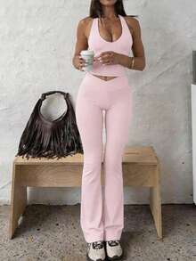 女士两件套夏季修身纯色深V性感上衣搭配高腰提臀迷你裤套装，适合运动瑜伽普拉提健身跑步穿着，粉色 - 粉色 - 查看 7