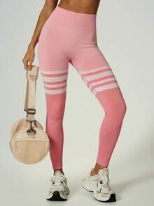 UONNOU Seamless Striped Sports Leggings, Butt Lifting Compression Workout Pants - Pink - View 3