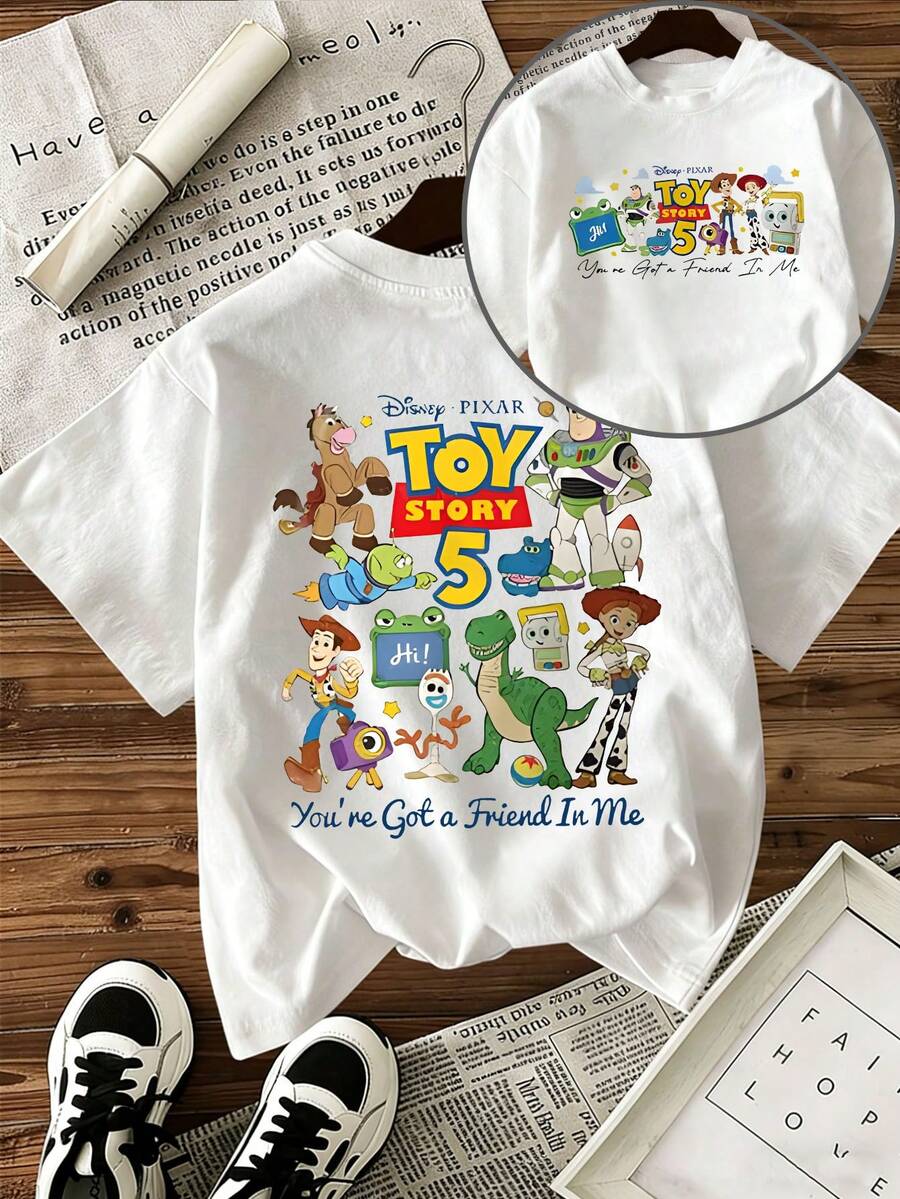 Disney "Toy Story 5" Themed Cartoon Print, Casual Short-Sleeved T-Shirt, Fashionable And Comfortable For Spring And Summer Wear, Perfect As A Festive Gift. - trắng - Xem 1