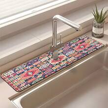 1 pieza Alfombrilla para grifo con estampado bohemio, de poliéster duradero, de secado rápido, fácil de limpiar, adecuada para cocina y baño, fácil de instalar, decoración diaria, regalo, alfombrilla de baño, alfombrilla de grifo duradera, accesorio para grifo - Multicolor - Ver 5